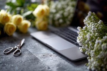 A gray laptop on a gray surface with white flowers yellow roses and a pair of scissors