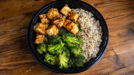 A colorful dish featuring golden-brown tofu cubes steamed broccoli and fluffy brown rice arranged neatly in a black bowl resting on a rustic wooden table.