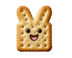 Cute bunny shaped biscuit snack with happy smiling face. Isolated food element of cracker character representing fun, celebration, and joy for healthy treat