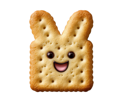 Cute bunny shaped biscuit snack with happy smiling face. Isolated food element of cracker character representing fun, celebration, and joy for healthy treat