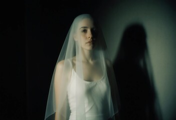 A figure draped in a sheer veil stands quietly in a darkened space. The soft light casts an eerie shadow, creating a chilling atmosphere. The moment feels haunting and mysterious Generative AI