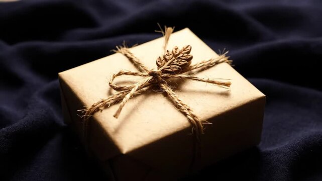 Kraft Paper Gift Box with Twine and Leaf on Dark Blue Fabric - A small gift wrapped in kraft paper, tied with twine, and adorned with a decorative leaf design.
