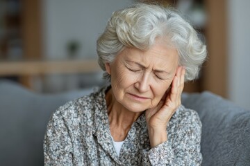 Elderly woman with wavy hair sitting on couch showing signs of distress and discomfort in cozy interior setting. Emotional expression reflecting stress and vulnerability in home atmosphere