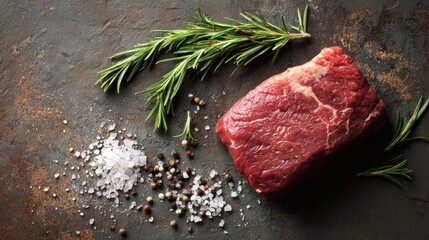 Top view flat lay of raw steak, rosemary, salt, and pepper on rustic background with copy space, soft natural light, realistic texture, cooking preparation concept, clean professional style.