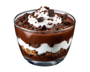 Delicious rich gourmet chocolate dessert pudding in cup. sweet layered treat with cream and chocolate shavings, tempting and decadent food perfect for any menu