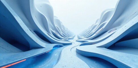 Minimalist Tech Workspace with Clean Lines and Geometric Forms An abstract, minimalist scene featuring clean geometric shapes and futuristic technological elements. Dominant colors are cool blues,