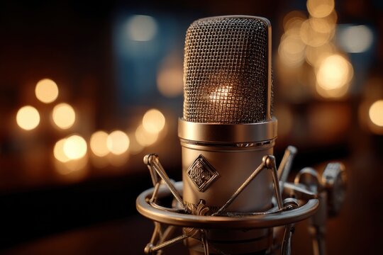 A microphone stands prominently against a bokeh background capturing a warm focused atmosphere