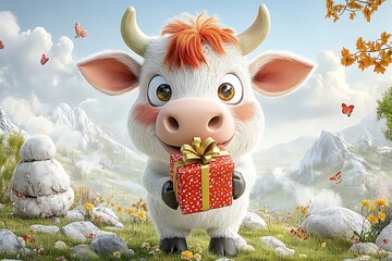 Cheerful cow celebrating with gift enchanted mountain landscape digital art whimsical vibe close-up joyful concept