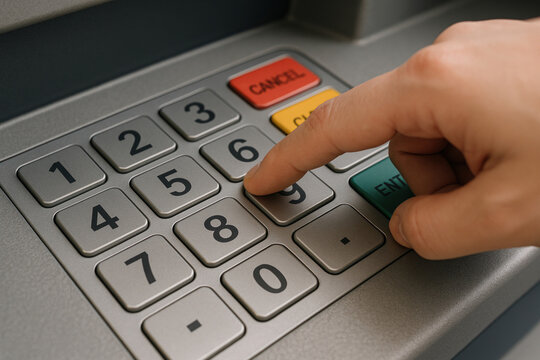 Person pressing number on an ATM keyboard, representing digital banking and finance technology