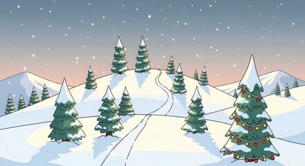 Obraz premium Winter landscape with snowcovered mountains and fir trees decorated for christmas