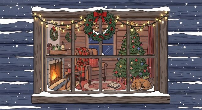 Cozy christmas window view with decorated tree, fireplace and sleeping dog