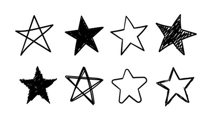 Obraz premium Set of Doodle star images with a variety of shapes and styles, some containing black and some in the form of hand lines on a white background. Vector illustration