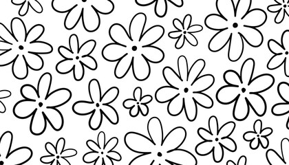 Black and white doodle flower illustration pattern, contemporary flower pattern design on hand-drawn white background