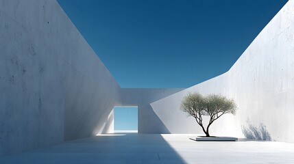 Minimalist architectural courtyard with smooth white concrete walls and flooring. A single slender tree grows in the center with dramatic shadows.