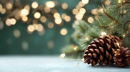 Close-up of Christmas tree branch with pine cones and glowing lights on light background with copy space, creating a warm festive vibe, suitable for banner design and holiday-themed creative projects.