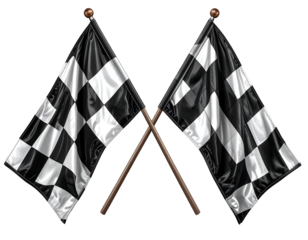 Two crossed checkered flags waving symbolizing victory and motorsport competition isolated on transparent background