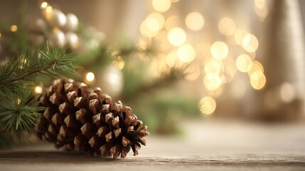 Close-up of Christmas tree branch with pine cones and glowing lights on light background with copy space, creating a warm festive vibe, suitable for banner design and holiday-themed creative projects.