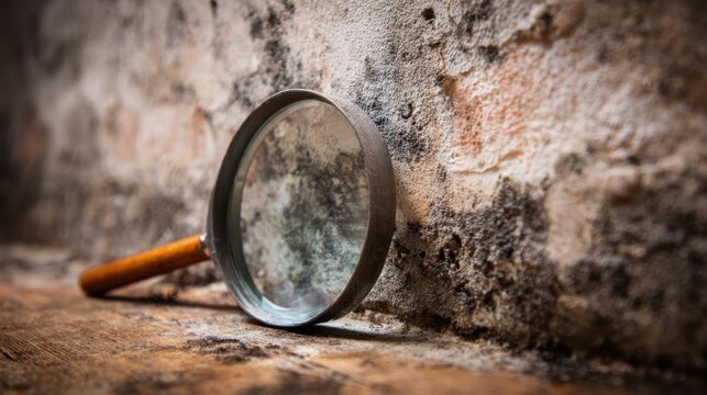 A magnifying glass is placed on a rustic wooden surface next to an aged brick wall showing signs of wear and moisture. The scene has a warm inviting atmosphere and soft lighting.