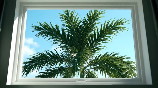 Window Frame with Palm Tree and Sky View - A bright white window frame showcases a vibrant view of a lush green palm tree against a clear blue sky.