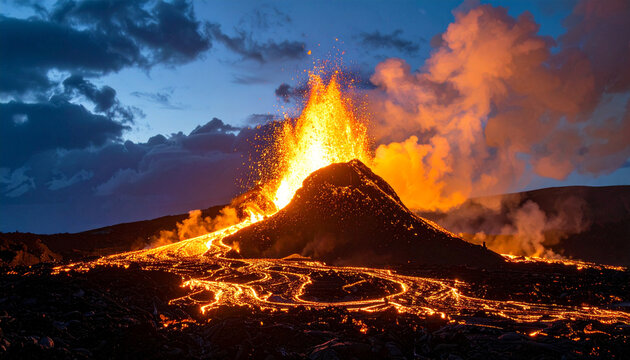 Dramatic volcanic eruption with lava flow at night.