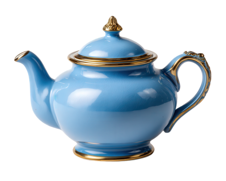 Charming blue and gold retro teapot, an elegant and vintage kitchen item. This isolated ceramic pot for hot tea creates warm and nostalgic atmosphere