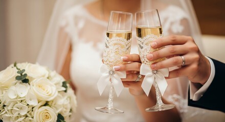 Bride and Groom Toasting with Decorated Champagne Flutes — Wedding Close-Up