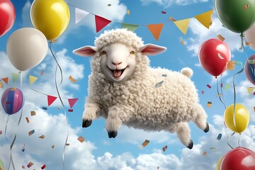 Joyful sheep celebration with balloons in a bright sky fun animation whimsical environment playful viewpoint