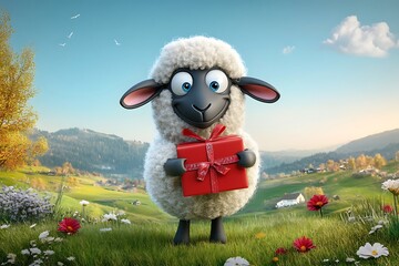 Celebrating joyful moments with a gift-giving sheep in a scenic green meadow