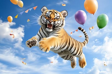 Playful tiger leaping in celebration sunny sky digital art fun environment vibrant perspective joyful concept