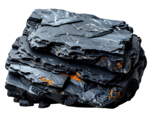 A large chunk of dark grey metallic pyrite mineral specimen isolated on transparent background