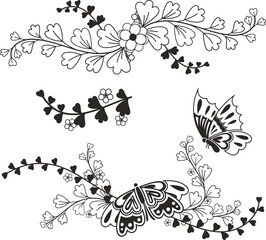 Floral vector sakura ornamental set in traditional Japanese style with blossom, leaves, butterfly. Exquisite design elements for greeting card, page, textile, wedding decoration, vinyl and laser ready