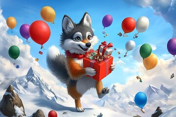 Playful fox celebrating with balloons and gifts in a mountainous landscape digital art cheerful atmosphere whimsical viewpoint