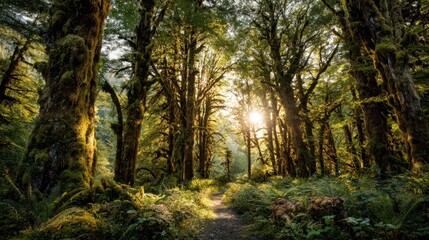 Fototapeta premium A peaceful forest scene features tall trees with vibrant green foliage. Sunlight shines through the leaves creating a warm glow along a winding path. This tranquil setting invites exploration.