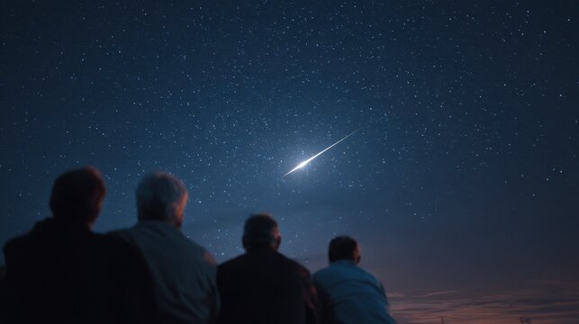 A group of four individuals sits together gazing up at a clear night sky filled with stars as a bright meteor streaks across. The scene captures a moment of awe and wonder. - Powered by Adobe