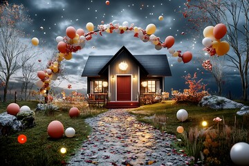 Charming autumn celebration at a cozy house with colorful balloons enchanted garden fall season fantasy viewpoint
