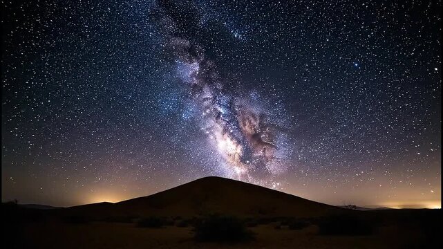 Stunning Milky Way Galaxy Over Desert Landscape Under Starry Night Sky.