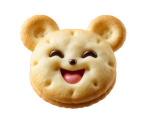 Happy smiling bear shaped biscuit snack food with chocolate filling. Cute adorable cookie character with cheerful expression, perfect for delicious sweet treat
