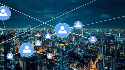 Night cityscape with digital networking icons illustrating urban connectivity and technology trends - Powered by Adobe