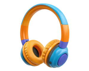 Playful and colorful headphone gadget for child to listen to music. This vibrant orange and blue audio device isolated for fun entertainment, joyful accessory
