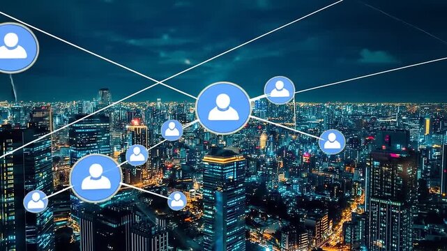 Night cityscape with digital networking icons illustrating urban connectivity and technology trends - Powered by Adobe