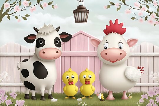 Playful farm animals gathered in a colorful barnyard whimsical illustration cheerful environment childlike perspective