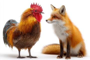 Fototapeta premium A rooster stands facing a seated fox on a white background