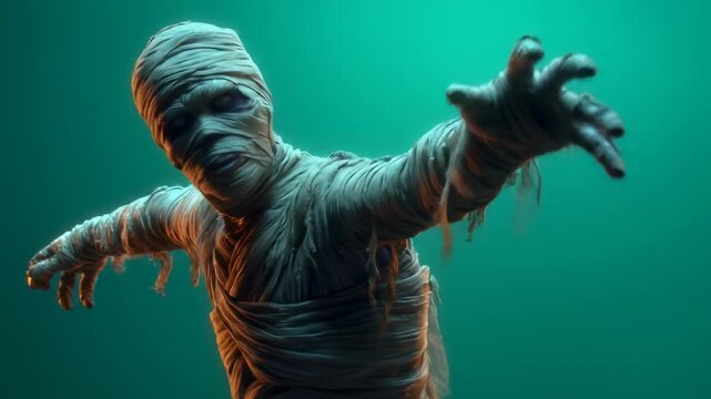 Scary Mummy Zombie Reaching Out on Green Halloween Background