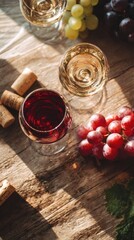 Top view flat lay of red and white wine glasses on wooden table, scattered grapes and corks, blurred background with copy space, warm natural light, elegant beverage concept.
