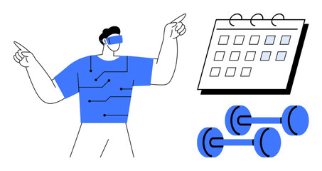 Man wearing VR headset in futuristic tech attire pointing toward goals. Features wall calendar and dumbbells, emphasizing fitness, virtual training, tech innovation, planning, motivation, digital