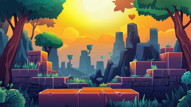 A Colorful Sunset Landscape with Stone Structures and Lush Greenery