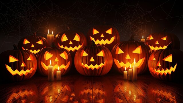 Cinematic Halloween background featuring glowing pumpkins, spider webs, and candlelight on dark wood, perfect for seasonal posters and horror promotions.
