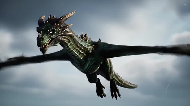 Dragon soars through the sky, wings spread wide in flight.
