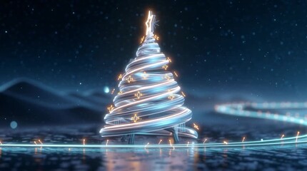 Premium corporate Christmas key visual, futuristic Christmas tree of glowing neon light trails, digital circuits, abstract mobility roads, geometric star on top, deep blue night gradient - Powered by Adobe