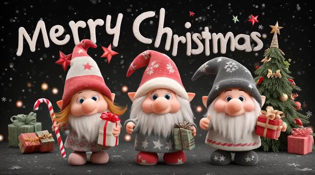 3D gnome family holding gifts, cartoon-style Christmas scene with tree, &ldquo;Merry Christmas&rdquo; text, vibrant colors, candy canes, stars, festive lights, snowflakes against black sky, cheerful holiday card 